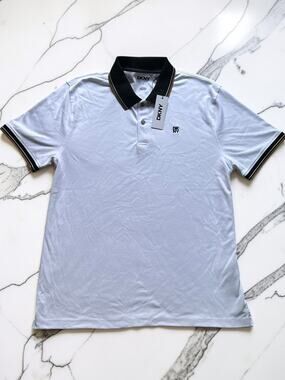 DKNY Men’s Large White Black Logo Short Sleeve Polo Shirt NWT